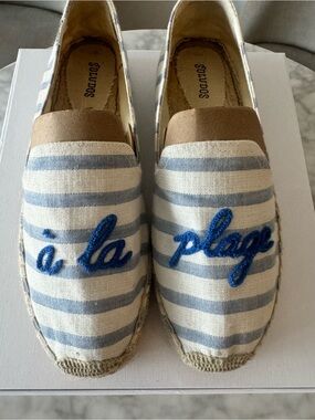 Soludos Striped Espadrilles with Blue Script Embroidery